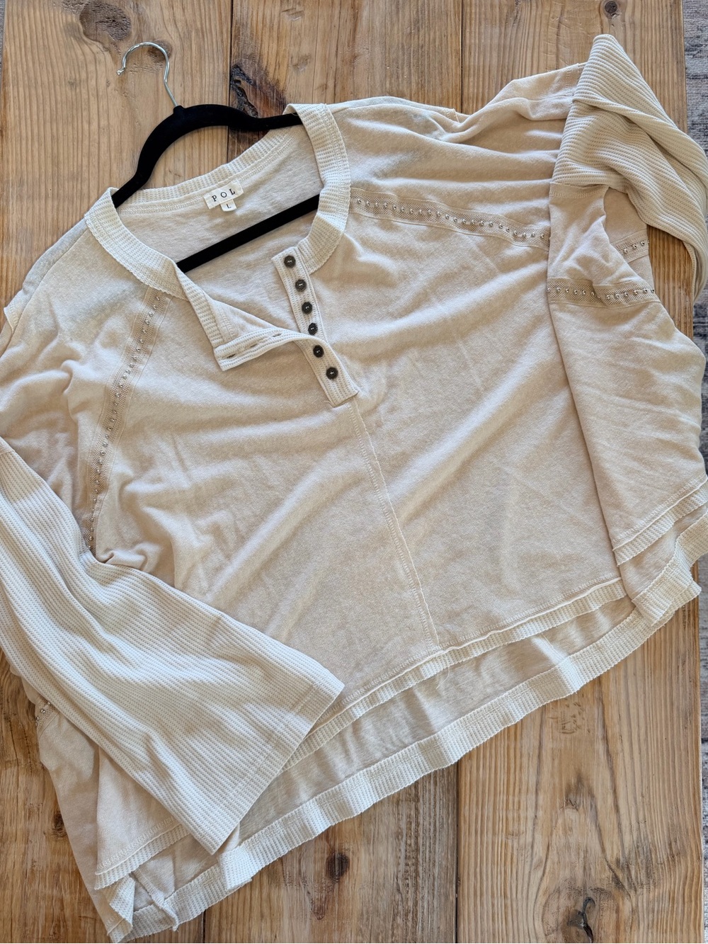 POL Beige Long-Sleeve Button Henley Top